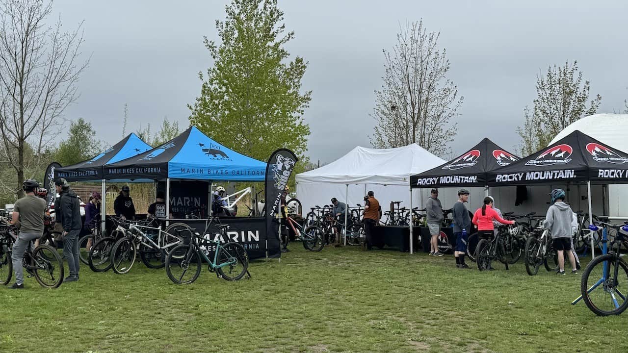 Bike Vendors at the Spring Kicker in St. Williams Ontario - There were a number bike vendors showcasing the latest mountain bikes and gear. Riders had the opportunity to demo bikes on the Turkey Point mountain bike trails in St. Williams, Ontario, Canada.