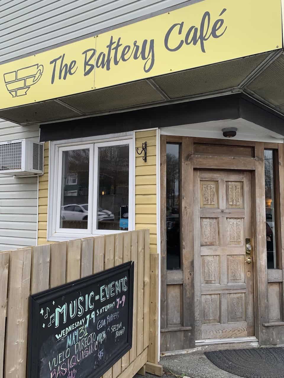 The Battery Café Entrance St John's Newfoundland - The entrance to The Battery Café in St. John's, Newfoundland has a chalkboard outside the door advertising upcoming local events and music.
