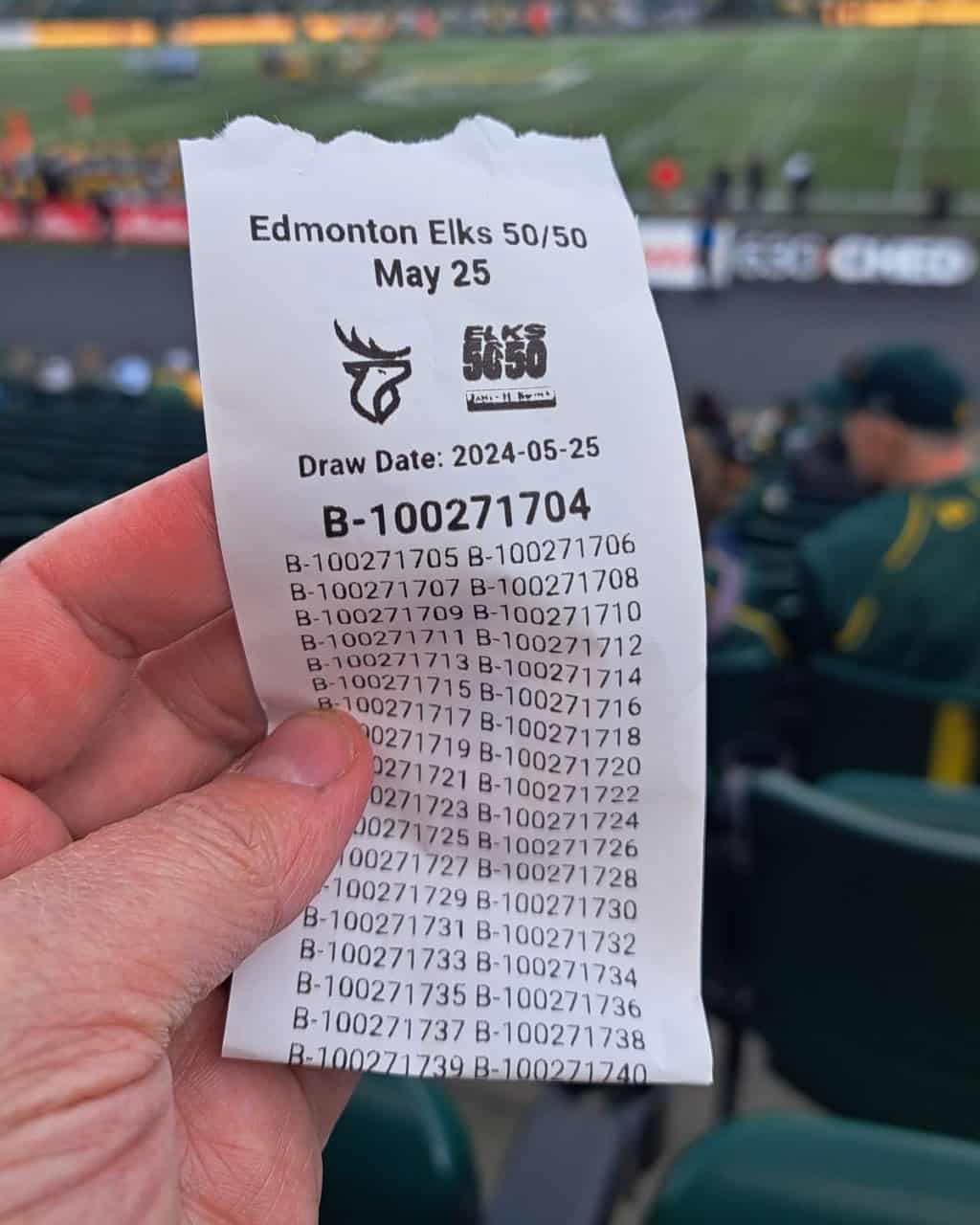 Edmonton Elks Canadian Football Game 2024-05-29 - Edmonton loves their 50-50 draws! $11,000+. Could be a year of university tuition. Or maybe a new road bike. One with electronic shifters. Lady luck wasn't on my side this time :(
