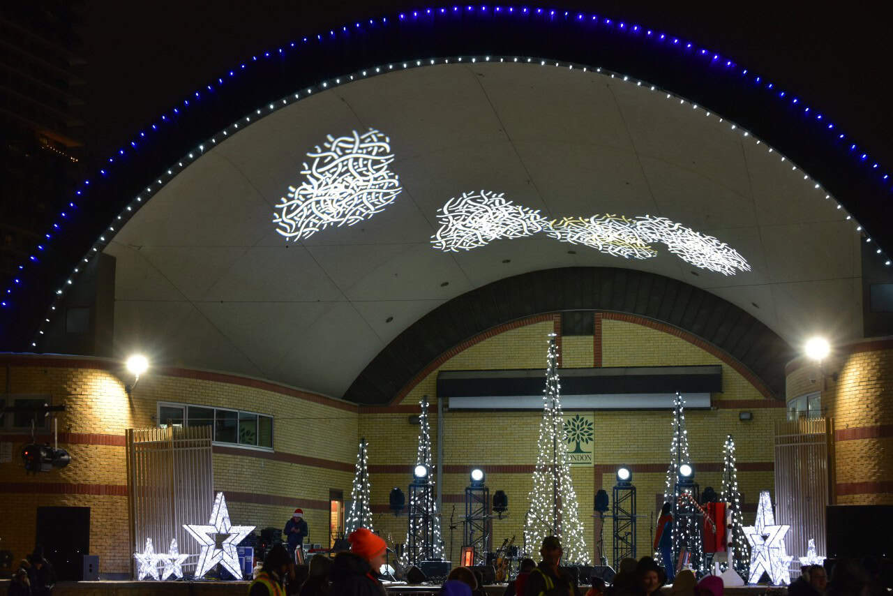 Anticipation Builds During Lighting of the Lights Countdown at Victoria Park - The Park slowly fills as crowds wait for Mayor Josh Morgan and John Davidson to lead the official countdown at the Lighting of the Lights in Victoria Park, Ontario, Canada.