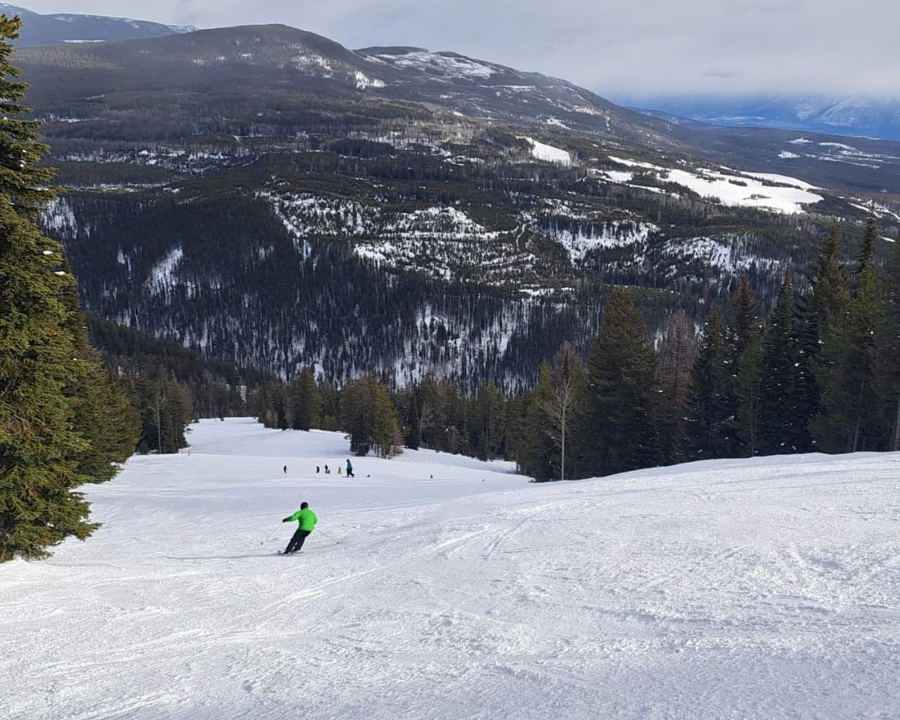 Skiing the Runs at Kimberley Alpine Resort - Watching skiers descend the open runs shows the variety of terrain available across the mountain.