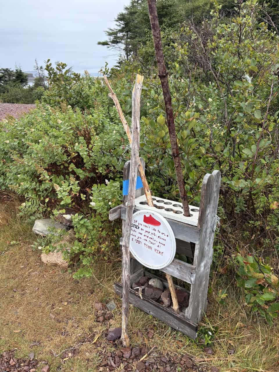 Hiking-Sticks-at-Chance-Cove-Trailhead - At the start of the Chance Cove Coastal Hiking Trail, there was a spot to borrow a walking or hiking stick for the journey in Newfoundland, Canada.
