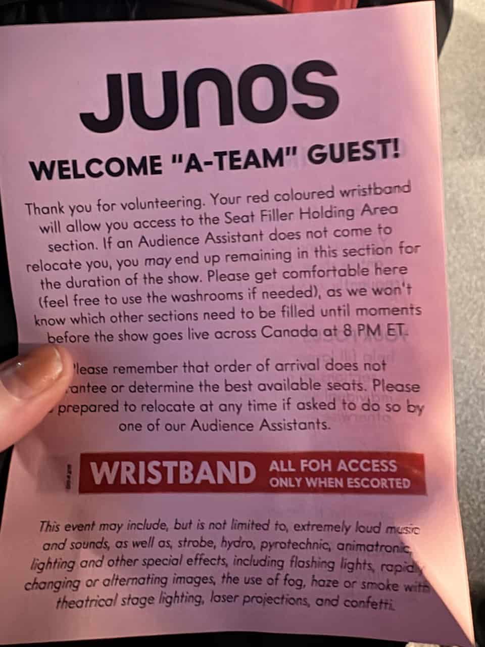 Junos-2026-Seat-Filler-info-sheet - Our official seat filler info sheet - proof we were part of the behind-the-scenes crew (even if we didn’t get called into action!).