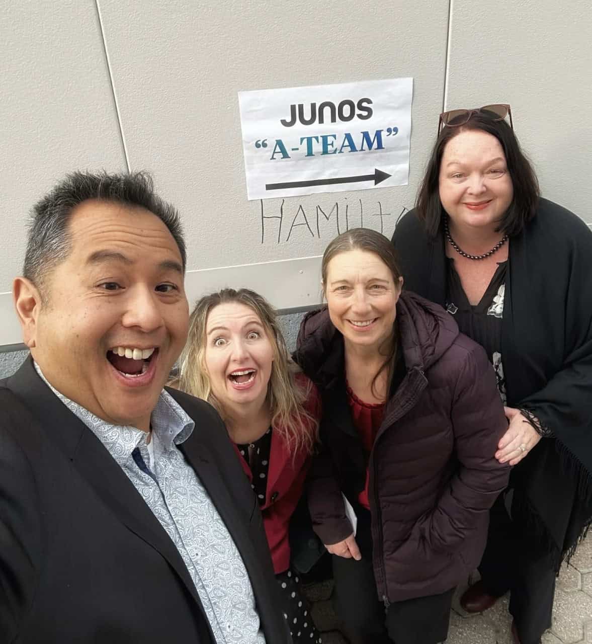Junos-2026-Seat-Filler-line-up-selfie - Seat filler squad ready! Waiting in line under the “A-Team” sign and soaking up all the behind-the-scenes excitement at TD Coliseum.