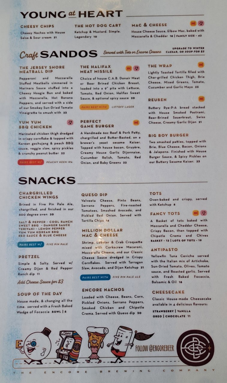 Encore Brewing Menu Cranbrook - Encore Brewing Company menu board, showcasing craft beer, food, and casual dining options inside the Cranbrook BC bowling alley brewery.