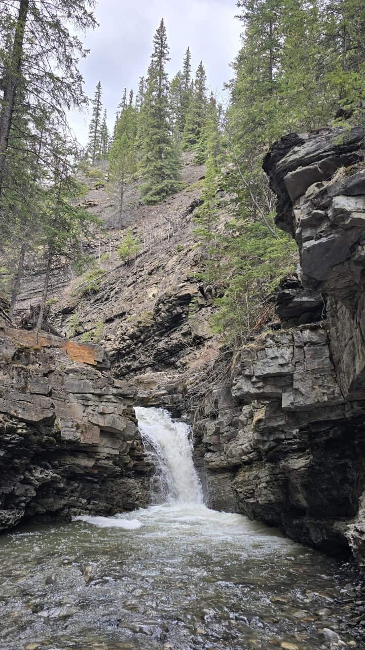 Close View of Tershishner Creek Falls - A closer look at Tershishner Creek Falls flowing through the rugged canyon landscape of David Thompson Country in the Alberta Rockies