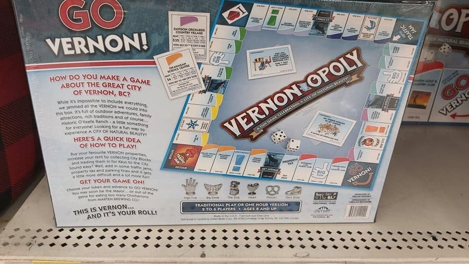 Vernonopoly game back - Ever wanted to play a game about the small town in BC? While now you can play Vernon Opoly, and they even sell them at Walmart!