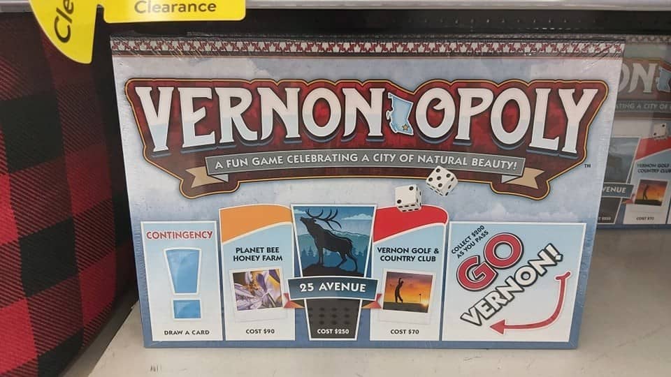 Vernonopoly game cover - Ever wanted to play a game about the small town in BC? While now you can play Vernon Opoly, and they even sell them at Walmart!