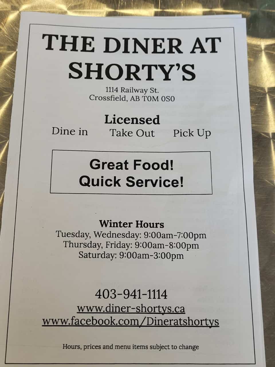 Shorty's Diner, Crossfield, Alberta 2022-05-14 - Shorty's Diner Hours & Location