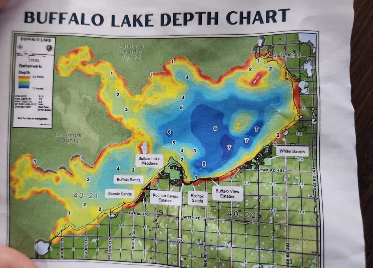Buffalo Lake Depth Chart in village of Rochon Sands Alberta Canada for the fishing derby.