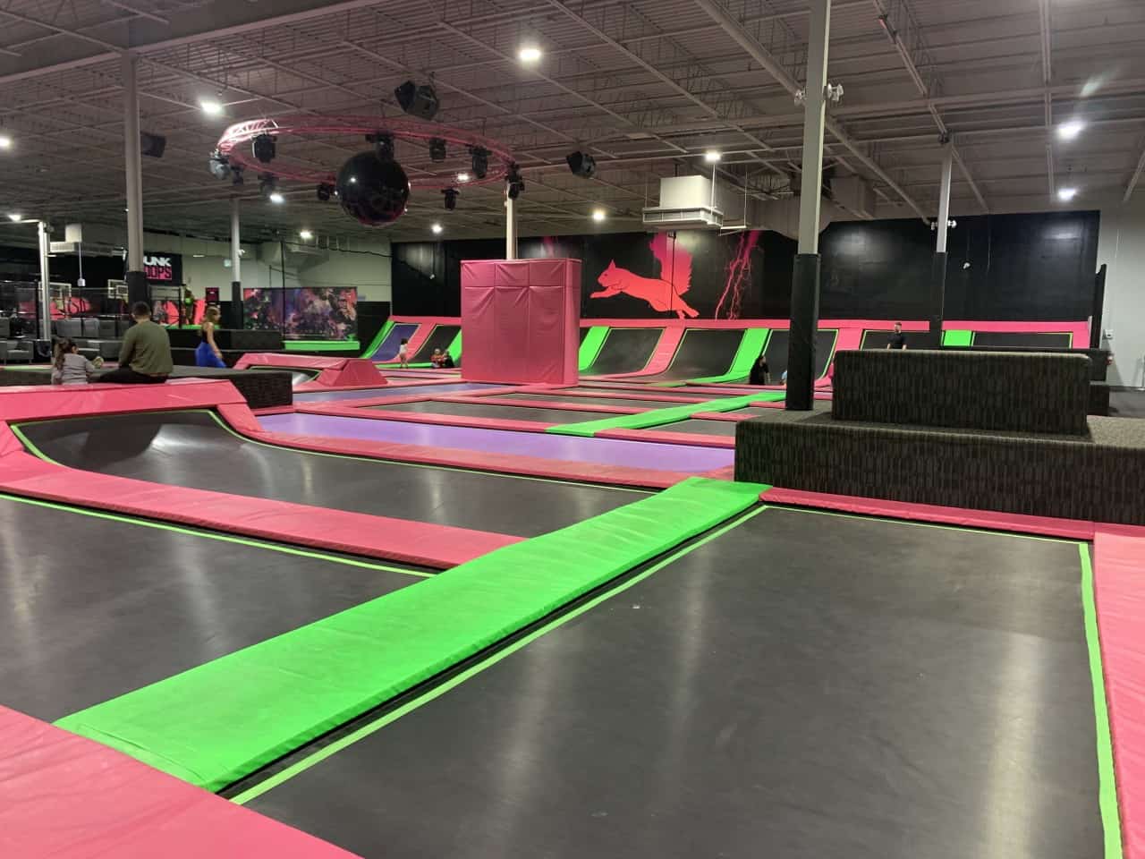 A Room of Trampolines at Flying Squirrel Trampoline - Flying Squirrel Indoor Trampoline Park in Hamilton, Ontario, Canada provides guests with a full room of trampolines of various shapes and sizes.