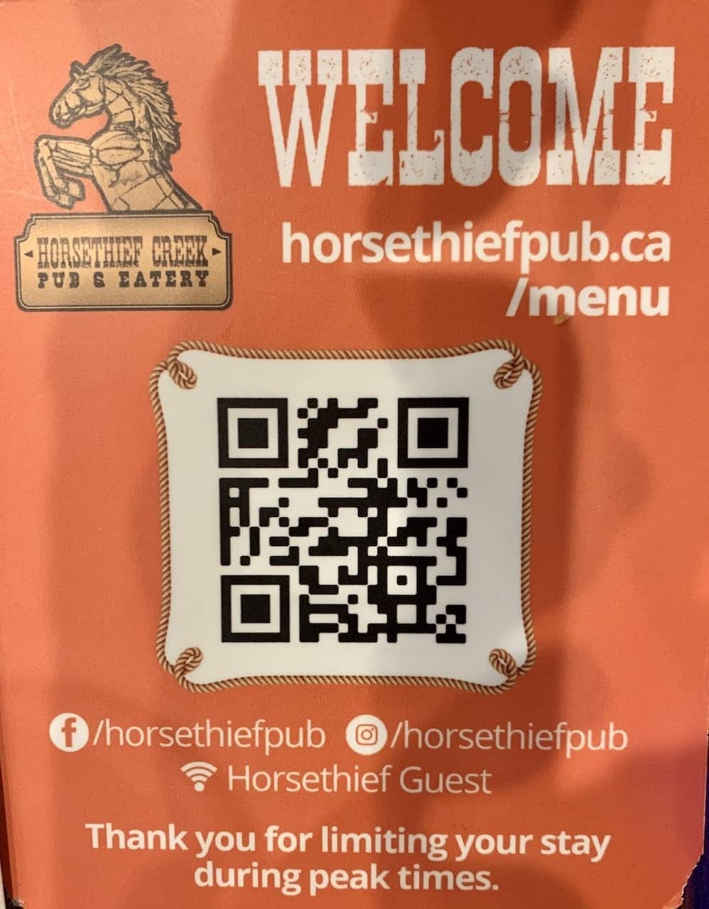 Menu Barcode at Horsethief Creek Pub  - The menu was easily accessed by scanning the provided barcode. The menu at the Horsethief Creek Pub & Eatery in Radium Hot Springs, British Columbia, offers a wide selection of food options. They have something for everyone!