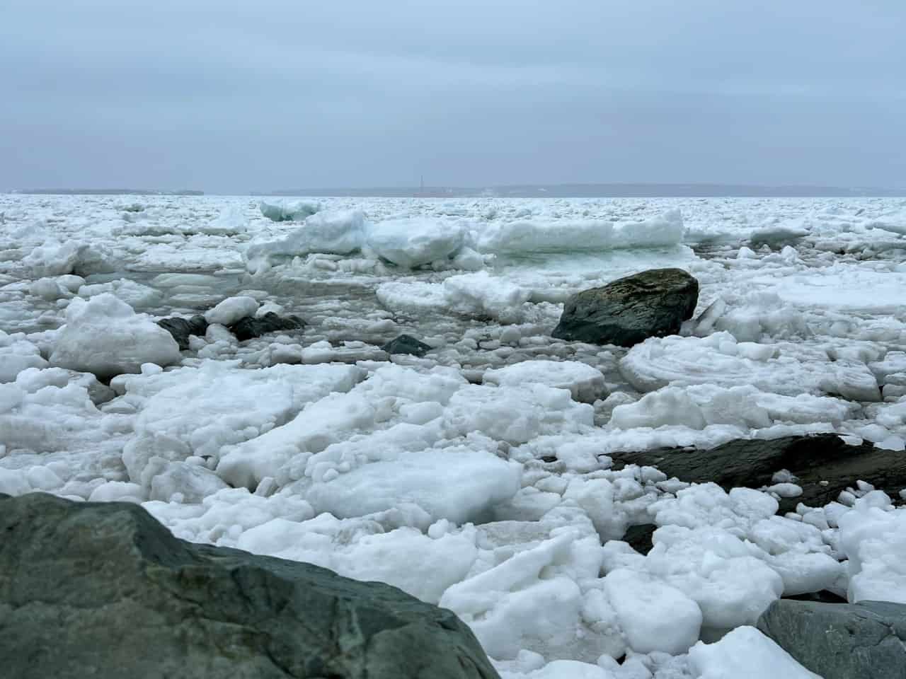 Sea Ice in Conception Bay Newfoundland Canada  - Spring sea ice fills the waters of Conception Bay Newfoundland and Labrador, Canada. Topsail beach is covered with bergy bits in all shapes and sizes. 