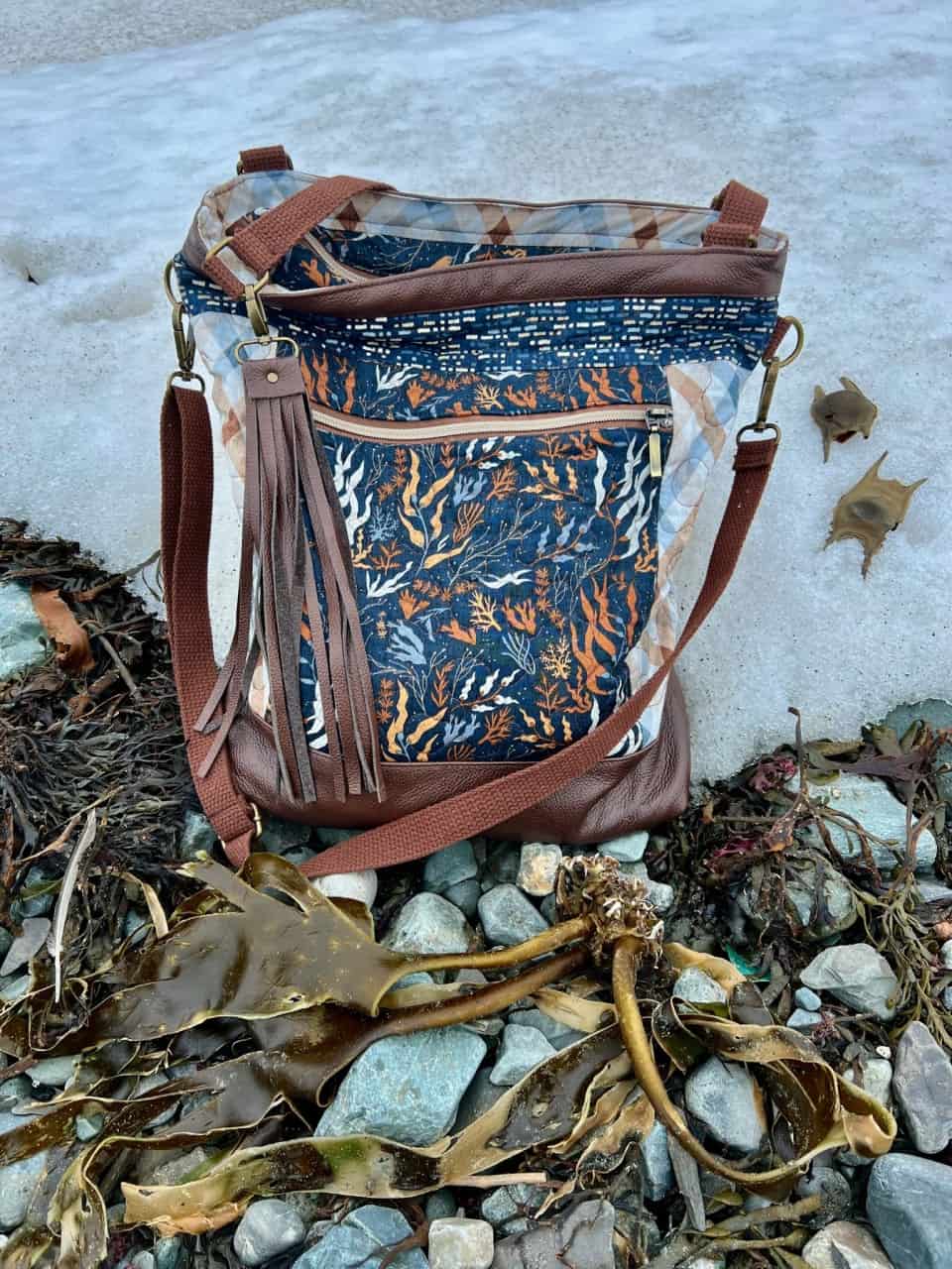 Handmade Artisan Seaweed Tote Bag  - Designer fashion tote, “Vieve”, the seaweed and kelp bag on site in the wild.  Handmade purse by solo artisan, Genevieve Myles, the tote was custom designed using the finest leather and fabrics. The coastal print features seaweed and kelp with a humpback whale fabric interior. 