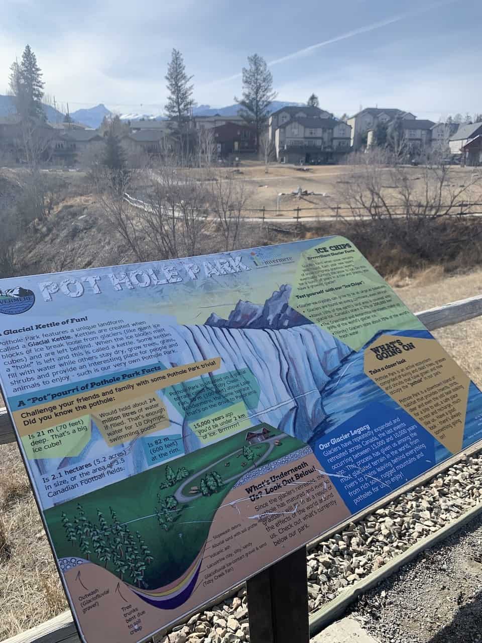 Pothole Park Invermere Information Sign - The informational sign at Pothole Park in Invermere, BC, provides visitors with pothole facts and trivia.