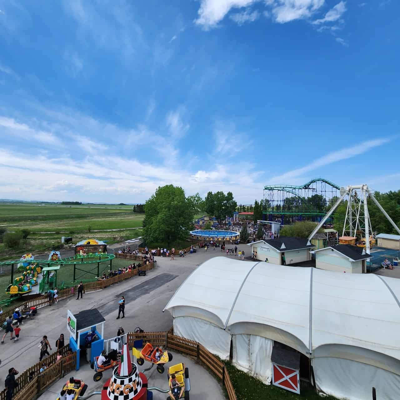 Birds Eye View of one side of Calaway Park in Alberta Canada - A fantastic Sunday evening at Calaway Park. As you can see, the park was not very busy in this area which made for some quick lines!