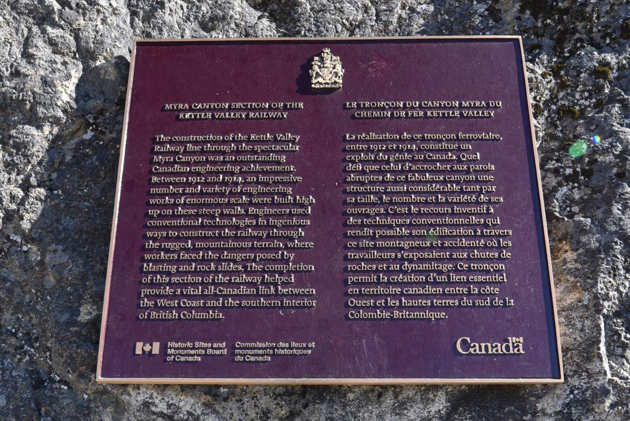 Myra Canyon is a National Historic Site of Canada - The Myra Canyon section of the Kettle Valley Rail Trail is a National Historic Site of Canada due to engineering feats required to build the 18 trestle bridges and 2 tunnels.
